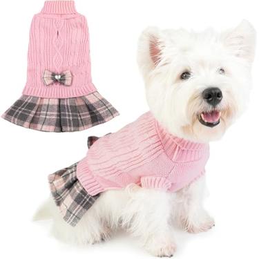 Imagem de Vestido suéter de cachorro pequeno com gravata borboleta gola rolê tricotado roupas de inverno para meninas suéteres quentes para cachorro com orifício de coleira para Yorkies Chihuahua Toy Poodle (P