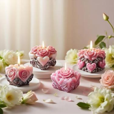 Imagem de 4 moldes de vela de coração de rosa, cubo geométrico, flores rosas, moldes de silicone para fazer velas de aromaterapia, resina epóxi, suprimentos de artesanato e decoração de casa de aniversário dos