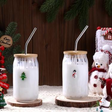 Imagem de Honeydak Copo de vidro com ícone de Natal com 2 peças - Árvore de Natal de 510 g e boneco de neve em forma de copos de vidro com tampa e canudos café, cerveja, suco, bebida de inverno para presente de