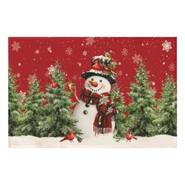 Imagem de Wnoesat Tapete de Natal com boneco de neve vermelho, 5,5 x 7,5 cm, pinheiro, pássaro, decorativo, interior, exterior, pequeno, antiderrapante, camada baixa, tapete para porta da frente, para sala de
