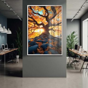 Imagem de Quadro Decorativo com Moldura e Acrilico Cristal Vidro Árvore da Vida vermelha Paisagem Sala Quarto Hall