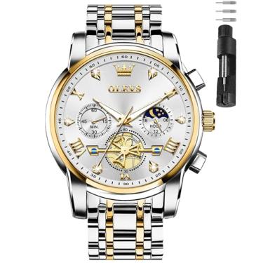 Imagem de OLEVS Relógios masculinos de luxo de aço inoxidável, relógio social fácil de ler, mostrador grande, cronógrafo, casual, analógico, números romanos, reloj para hombre, Pulseira dourada e prata face