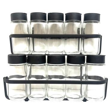 Imagem de Porta Tempero Condimento 10 Potes Vidro Tampa Dosadora Suporte Preto Organizador de Parede