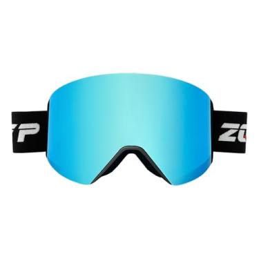 Imagem de YMTSGEQ Óculos de esqui OTG, óculos de neve sem moldura para homens e mulheres, lentes magnéticas intercambiáveis, 100% de proteção UV (armação preta com alça preta - lente azul gelo Revo (VLT 16%))