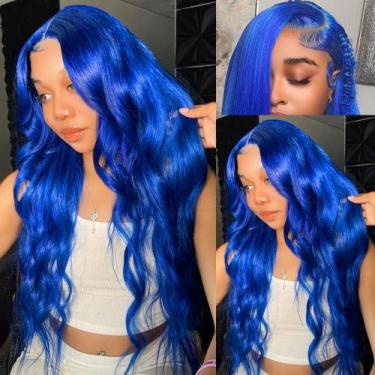 Imagem de Peruca frontal de renda XIAPAY Blue Human Hair Body Wave 50cm