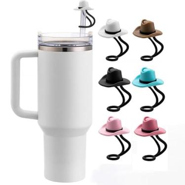Imagem de 6 peças de tampas de palha reutilizáveis, chapéus de cowboy fofos, capas à prova de poeira compatíveis com copo com alça multicolorida