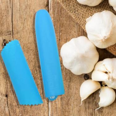 Imagem de Descascador de alho de silicone, 2 peças, rolo de alho azul, contém duas especificações: design de vedação inferior e design de bolinhas de parede interna, com orifícios para pendurar, fácil de operar