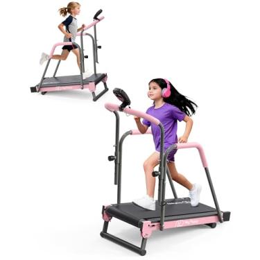 Imagem de Equipamento de treino de esteira infantil, passadeira de caminhada para crianças com barra de cabo, passadeiras manuais para crianças com inclinação para casa, rosa