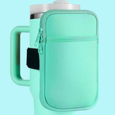 Imagem de Bolsa para garrafa de água compatível com Stanley Cup 1,134 g, 590 ml, 935 g, bolsa de corrida para mulheres e homens, bolsa de copo com bolso versátil, para cartões, chaves, fone de ouvido (verde)