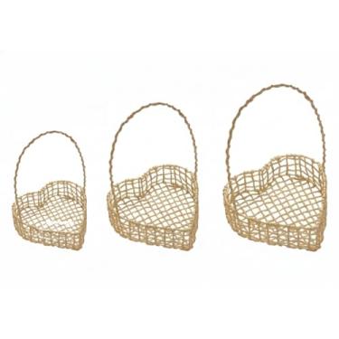 Imagem de Conjunto de 3 Cestas Decorativas em Forma de Coração, Palha de Milho e Ferro, Tamanhos P/M/G, com Alça para Presentes e Ocasiões Festivas