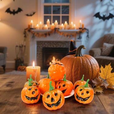 Imagem de 5 peças de enfeite de abóbora de Halloween, conjunto de mini abóboras, lembrancinha de festa laranja para decoração de mesa interna (rosto fantasma)