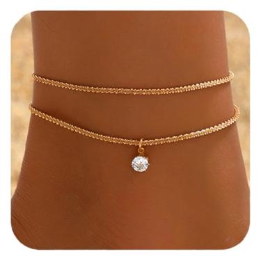 Imagem de Tornozeleira feminina de ouro 14 quilates em camadas de prata esterlina 925 conjunto de tornozeleira brilhante à prova d'água corrente cruzada para pés de praia joias presentes, F, Aço inoxidável, Sem