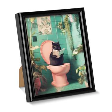 Imagem de Pôster engraçado de arte de parede de banheiro gato no vaso sanitário imagem impressa para decoração de mesa pintura estética emoldurada para decoração de mesa de banheiro doméstico prateleira de