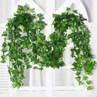 Imagem de 5 peças de plantas artificiais falsas folhas de hera penduradas guirlanda de videira verde folhas de seda plantas de parede decoração de festa de casamento faça você mesmo, 2 m (verde 4)