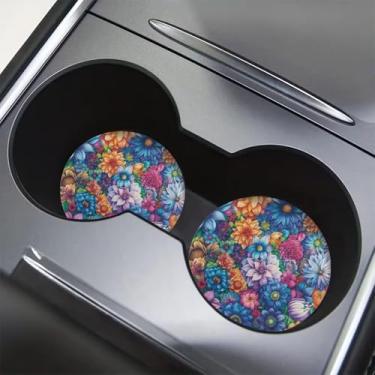 Imagem de Conjunto de 2 bases para copos de carro com flores florais Boho para carro, mulheres, homens, porta-copos para manter o porta-copos limpo, acessórios automotivos