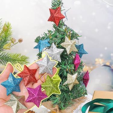 Imagem de 30 peças pequenas estrelas brilhantes enfeite de pentagrama em pó dourado para pendurar árvore de Natal DIY (6 peças)