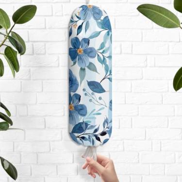 Imagem de Porta-saco plástico de flor azul aquarela, suporte reutilizável para sacolas plásticas, dispensador de armazenamento de sacolas de supermercado para casa, cozinha, carro