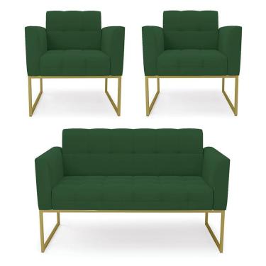 Imagem de Kit 1 Sofá Namoradeira E 2 Poltronas Elisa Veludo Verde Base Metálica Industrial Dourado - D&#039rossi