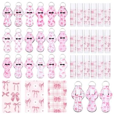 Imagem de Dimsile Conjunto de 18 bálsamos labiais com laço de coquete de Natal com suporte de batom, chaveiro presente a granel rosa lindo suporte de bálsamo para lábios, chaveiro, lembrancinha de festa