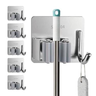 Imagem de ZoiNavyer Pacote com 5 suporte de parede para esfregão e vassoura, gancho de vassoura e esfregão de aço inoxidável prateado com ganchos, organizador de vassouras para armário, lavanderia, garagem