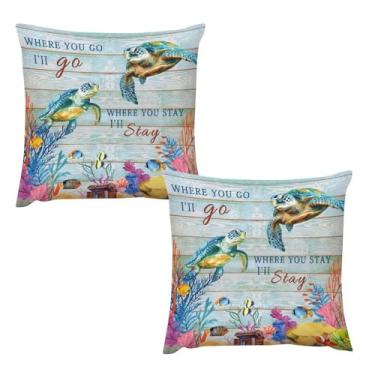 Imagem de Capa de almofada de tartaruga de poliéster, conjunto de 2 capas de almofada, aquarela, vintage, subaquática, coral, estrela-do-mar, conchas, animais marinhos, quadrado, sofá, almofada, protetor de