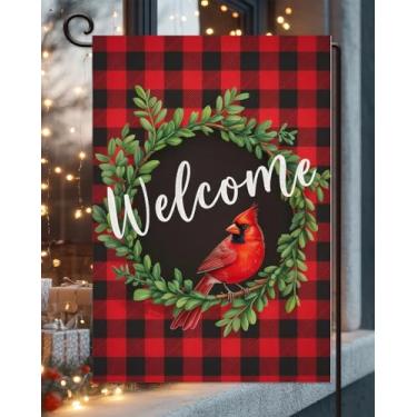 Imagem de Bandeira de jardim cardeal de Natal 30,5 x 45,7 cm vertical dupla face externa, casa de fazenda de inverno vermelho buffalo, xadrez, quintal, gramado, decoração ao ar livre