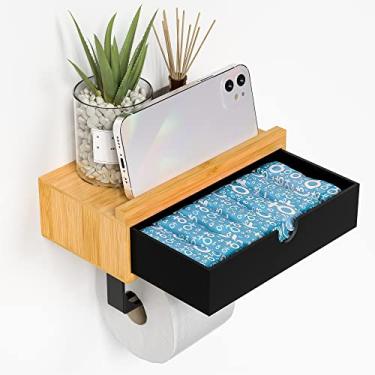 Imagem de Suporte de papel higiênico preto com prateleira – Suporte de papel higiênico para banheiro suporte de parede moderno suporte de rolo de papel higiênico com caixa de armazenamento para organizador absorvente interno ou pequenos itens de bambu