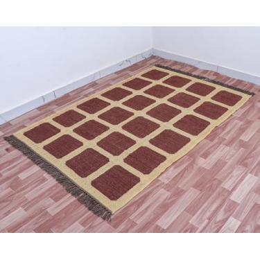 Imagem de ROYAL ARTS & CRAFTS Tapete de área de grade geométrica, juta branca natural com borda preta, acabamento de franja, design moderno de casa de fazenda (caixa marrom, tapete de 6 x 9 m)