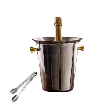 Imagem de Balde de gelo de aço inoxidável bicamada preservação do calor isolamento frio bonito KTV champanhe vinho tinto cerveja gelo bloco de gelo balde comercial (prata, alça dourada)