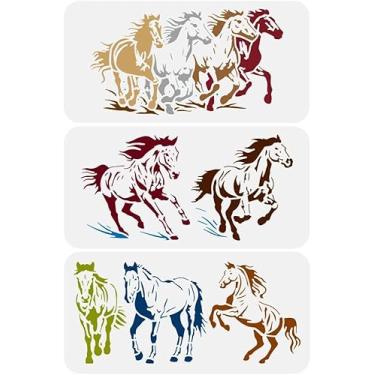 Imagem de 3 peças, 3 estilos, estampa de cavalo, PET, vazado, pintura, estêncil, 30 x 15 cm, corrida, caminhada, salto, cavalo, modelos, tema animal, modelos de cavalo para scrapbook, papel de parede de madeira