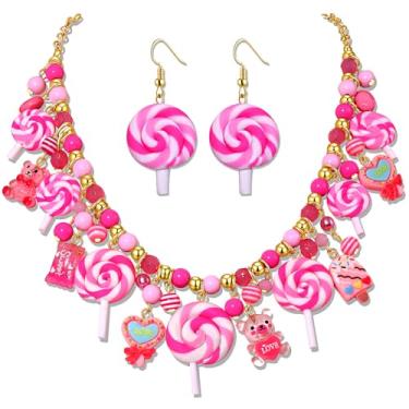Imagem de XOCARTIGE Brincos de colar de doces para mulheres, colar de bengala doce de Natal, brincos de pirulito, acessórios de fantasia Candyland, roupas de Halloween, Natal, lembrancinhas de festa de