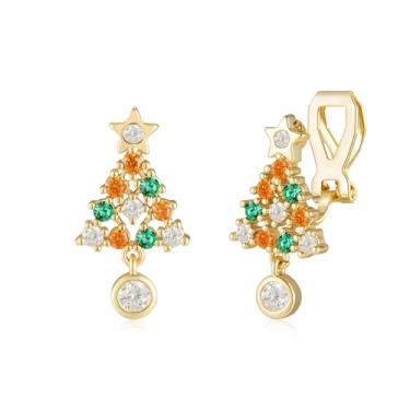 Imagem de YOQUCOL Brincos de árvore de Natal para mulheres, zircônia cúbica, brincos de Natal não perfurados, banhados a ouro