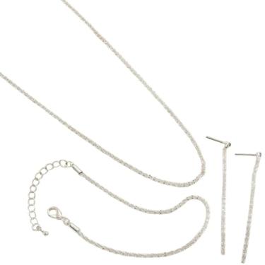 Imagem de Conjunto de joias femininas de prata, colar de strass de duas camadas, brinco e pulseira, liga de cobre com cristais, elegante tom prateado para várias ocasiões