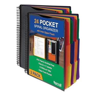 Imagem de Samsill Pacote com 2 organizadores de projetos em espiral de luxo com 24 bolsos com bolsa interna com zíper, capa frontal personalizável, 12 divisórias com abas apagáveis para escrever em cores
