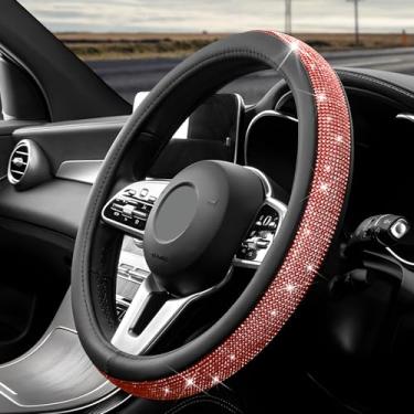 Imagem de ZNDAW Capa de volante de couro diamante, protetor de roda antiderrapante com strass de cristal brilhante de 38 cm, capa de volante de diamante elegante universal brilhante para mulheres e meninas