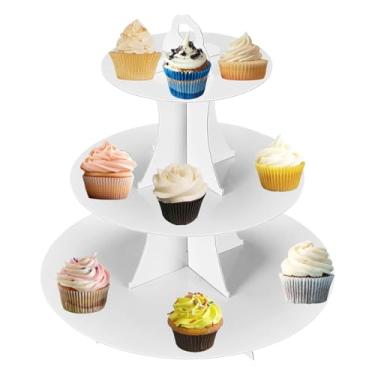 Imagem de Suporte de cupcake branco de 3 camadas, suporte de papelão para cupcake – fácil de montar e reutilizável (borda redonda branca)