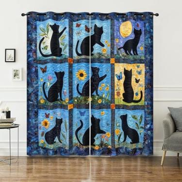 Imagem de AILONEN Cortina de janela infantil com desenho de gato 132 cm L x 160 cm A - Conjunto de 2 painéis Kawaii, gatos pretos, cortinas de janela para meninos e meninas - Cortina com ilhós botânicos de