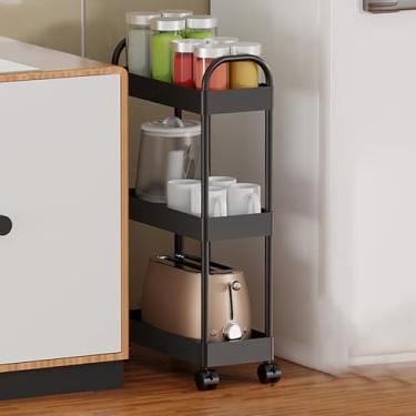 Imagem de Carrinho utilitário rolante, carrinho de armazenamento de plástico fino de 3/4/5 níveis com roda bloqueável para cozinha, banheiro, sala de estar (preto, 3 níveis)