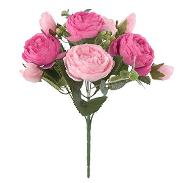 Imagem de Simulação de flores de peônia artificiais, buquês de casamento de rosas florais falsas, flores de seda, buquê amarrado à mão, guirlanda rosa branca para decoração de flores artificiais (Cor: Vermelho