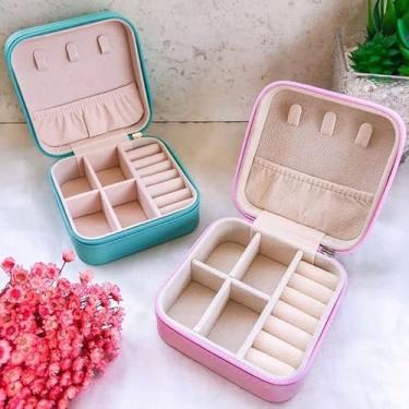 Imagem de Necessaire Mini Porta Joias Portátil Estojo Com Zíper, Organizador com 6 Compartimentos, 10x10x5cm, Interior Rosa, Exterior Verde Água ou Preto, Fecho com Zíper (Rosa)