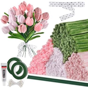 Imagem de 400 peças de limpador de cachimbo de chenille kit de artesanato - limpadores de cachimbo rosa duráveis para artesanato e flores, kit completo de flores de limpeza de cachimbo DIY para crianças, ideal