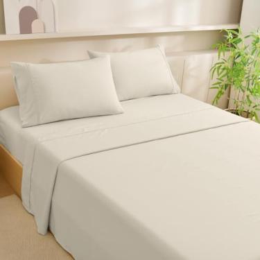 Imagem de MCO Conjunto de lençóis Queen refrescante, raiom derivado de lençóis de bambu, jogo de cama luxuoso e sedoso com bolso profundo de 41 cm (Queen, bege)