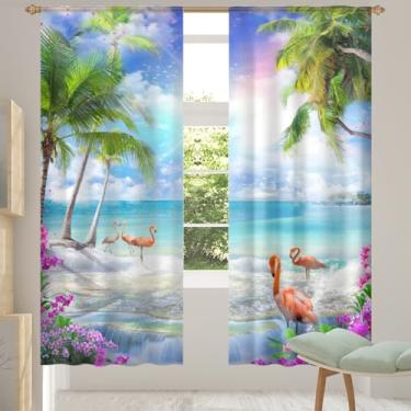 Imagem de 2 conjuntos de painéis de animais flamingo oceano palmeira cortinas transparentes arejadas com filtro leve painéis de cortina leve cortina de porta janela para sala de estar, quarto, jantar, 192 cm de