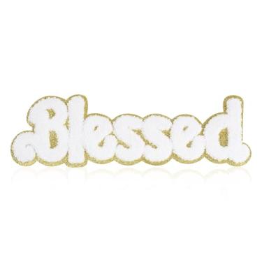 Imagem de FANCIBAND 25,2 cm Blessed Chenille Letter Patches Iron On, Letterman Jacket Patches para roupas, mochilas, camisetas, jaquetas, jeans, bolsas - Branco