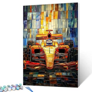 Imagem de Tucocoo Pintura de carro de corrida DIY por número para adultos iniciantes, pintura de vitrais coloridos por números, kits de pintura em tela, presentes artísticos, artesanato para decoração de parede