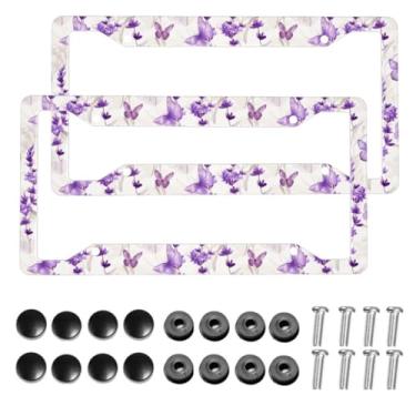 Imagem de Muishi 【2 peças】 Linda moldura para placa de licença de alumínio com borboletas roxas lavanda e suporte de placa de licença engraçada decorativa com parafusos tamanho 31,2 cm x 16 cm homens mulheres