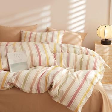 Imagem de mixinni Conjunto de capa de edredom vintage listrado King, conjunto de cama de algodão lavado de 3 peças - macio, respirável e colorido, estampa de listras de mármore, capa de edredom para todas as