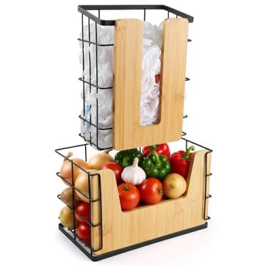 Imagem de CACHOLIV Pacote com 2 dispensadores de saco de lixo e suporte de sacola de mercearia - Suporte de saco de plástico de bambu 2 em 1 sob a pia - Design ajustável montado na parede para armário de