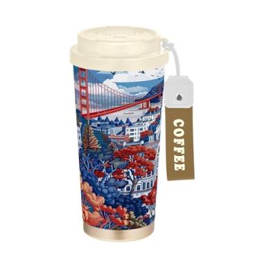 Imagem de SEHANY American Famous Landmarks Caneca de viagem de 482 g Copos de café reutilizáveis revestidos de cerâmica com tampa à prova de vazamento, parede dupla, isolamento a vácuo, copo de café de aço