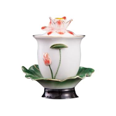 Imagem de FENNYYAR Copo de água buda de oferta doméstica, copo de água benta de lótus de cerâmica de 11 cm